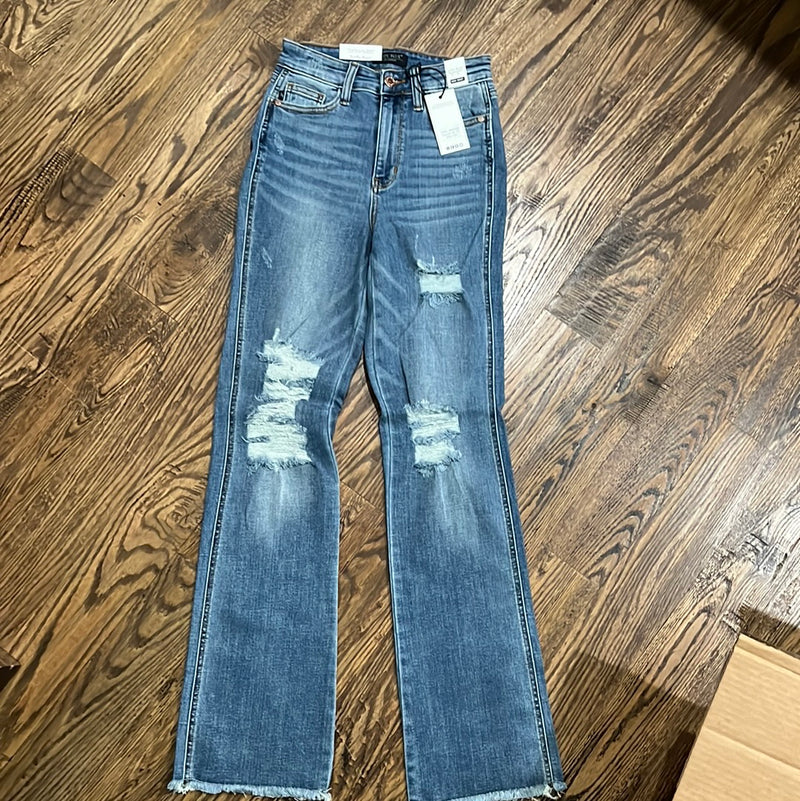 Distressed Bootcut Judy Blues with Frayed Hem