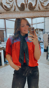 Red and blue embroidered top