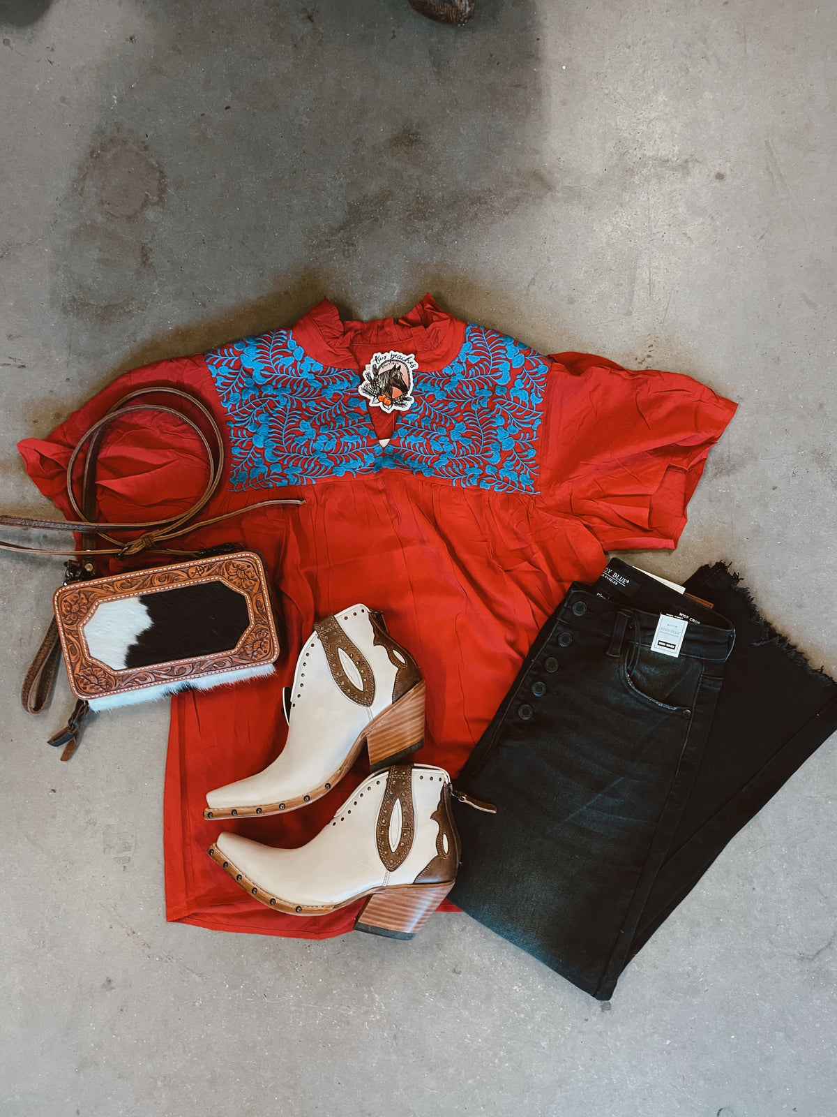 Red and blue embroidered top