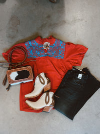 Red and blue embroidered top