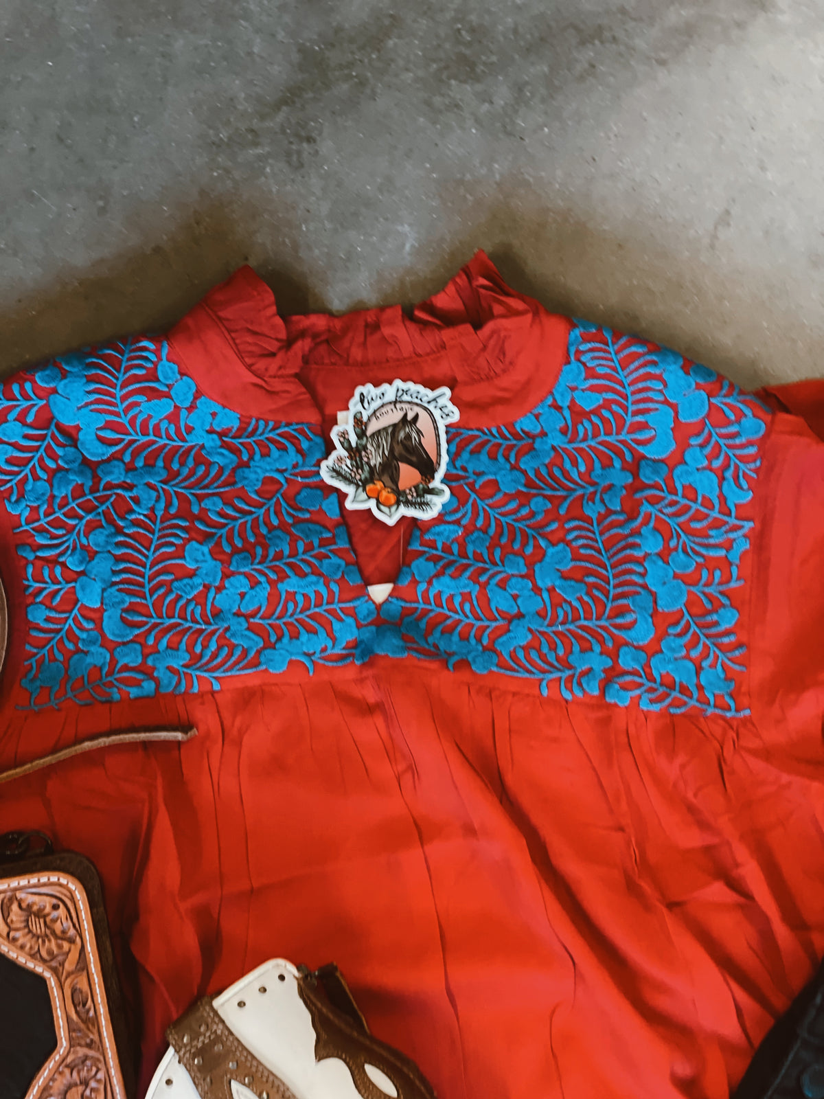 Red and blue embroidered top