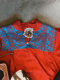 Red and blue embroidered top